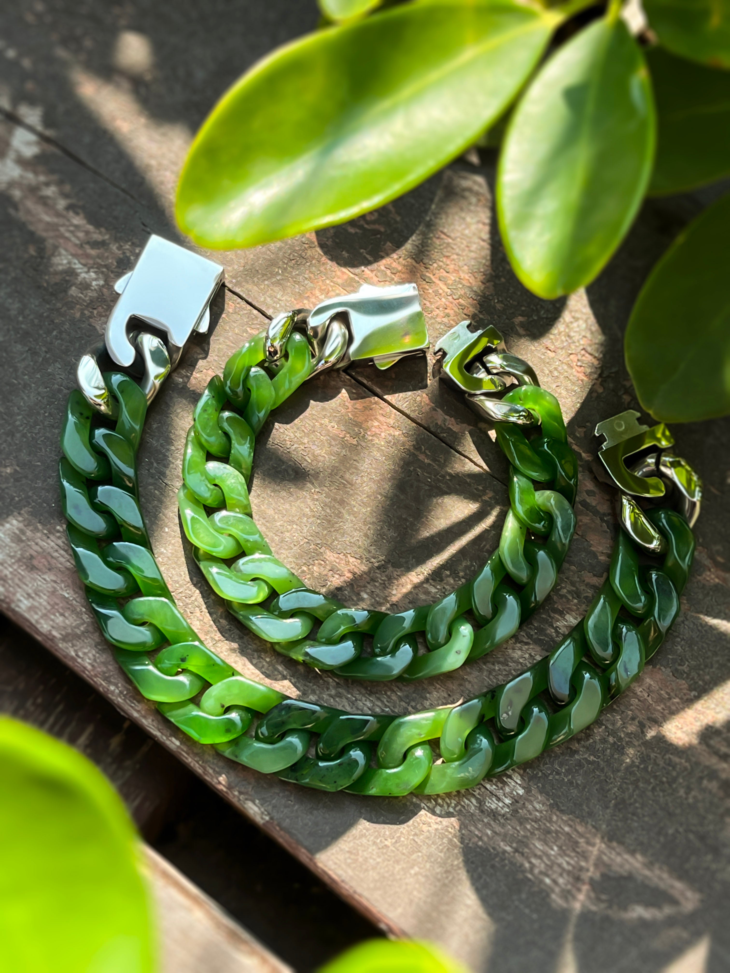 Hetian Jade Customizable Jade Cuban Link Chain – Personalized Length & Width with Natural Jade Beads