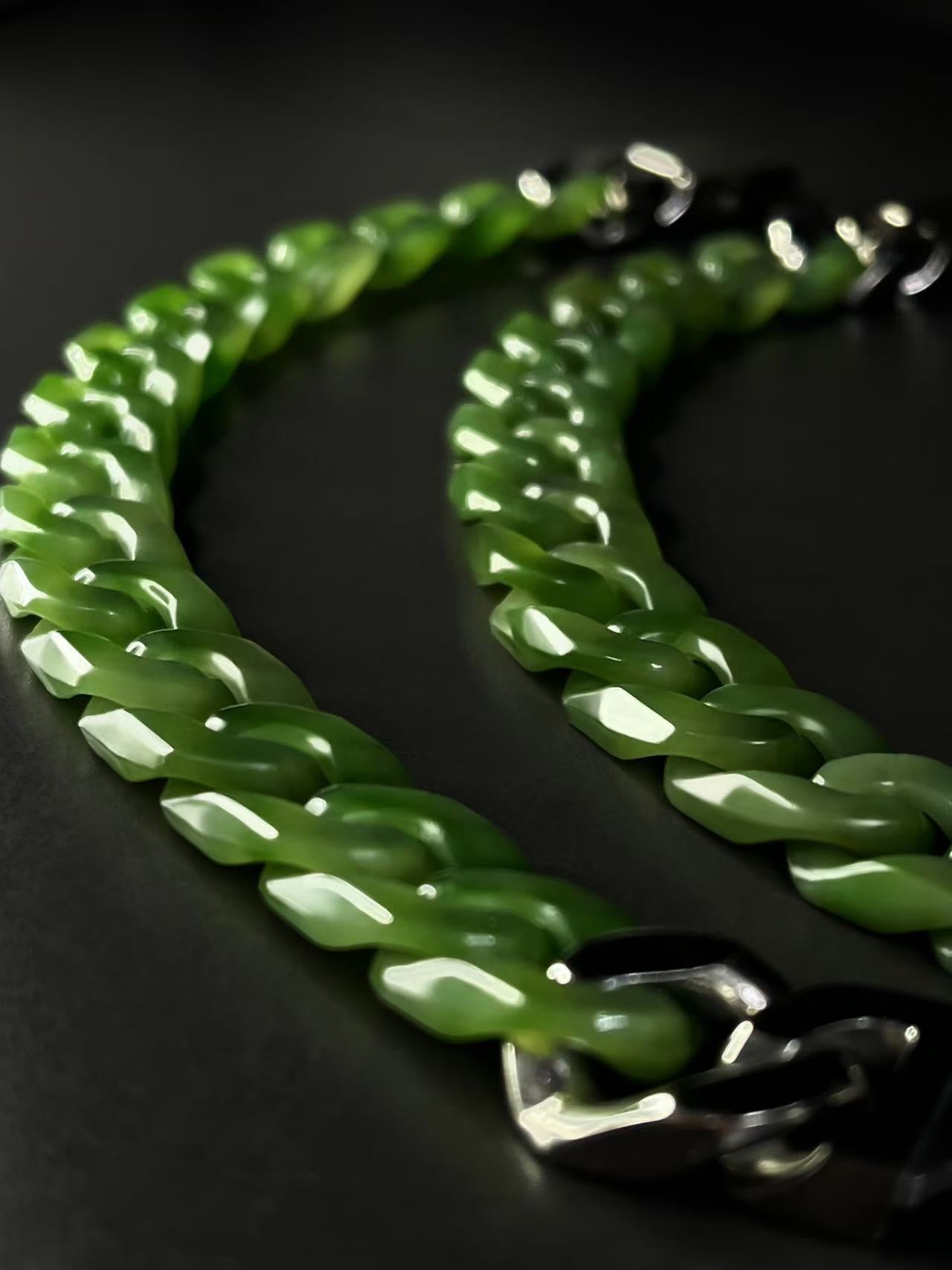 Hetian Jade Customizable Jade Cuban Link Chain – Personalized Length & Width with Natural Jade Beads