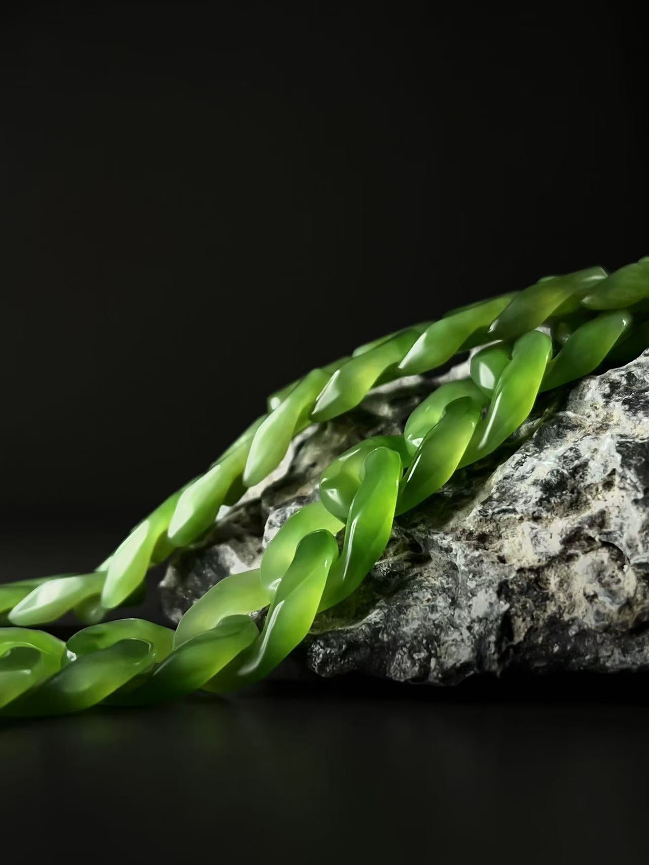 Hetian Jade Customizable Jade Cuban Link Chain – Personalized Length & Width with Natural Jade Beads