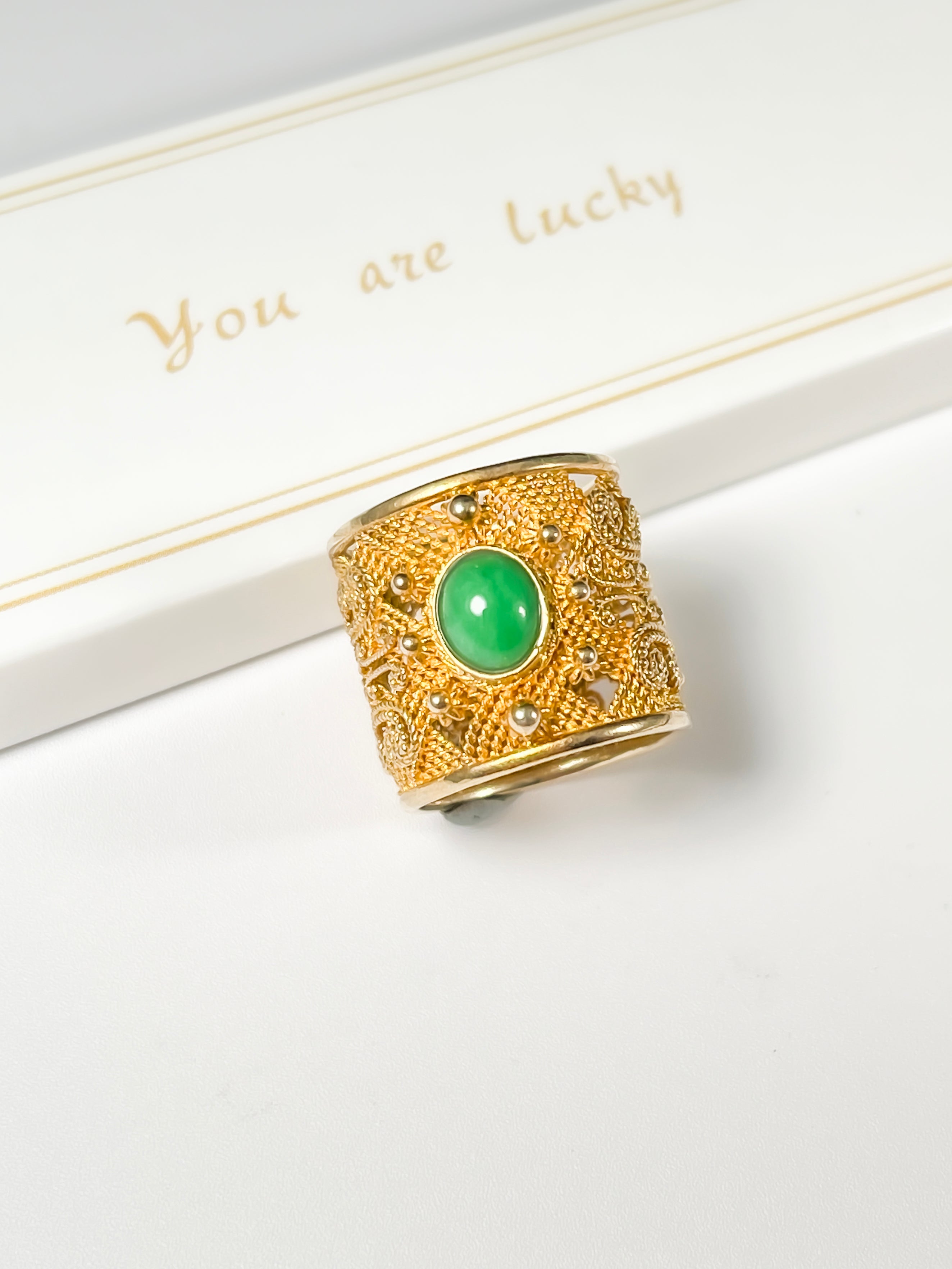 KW Grade A Golden Jewllery Single-core Green Jade Ring