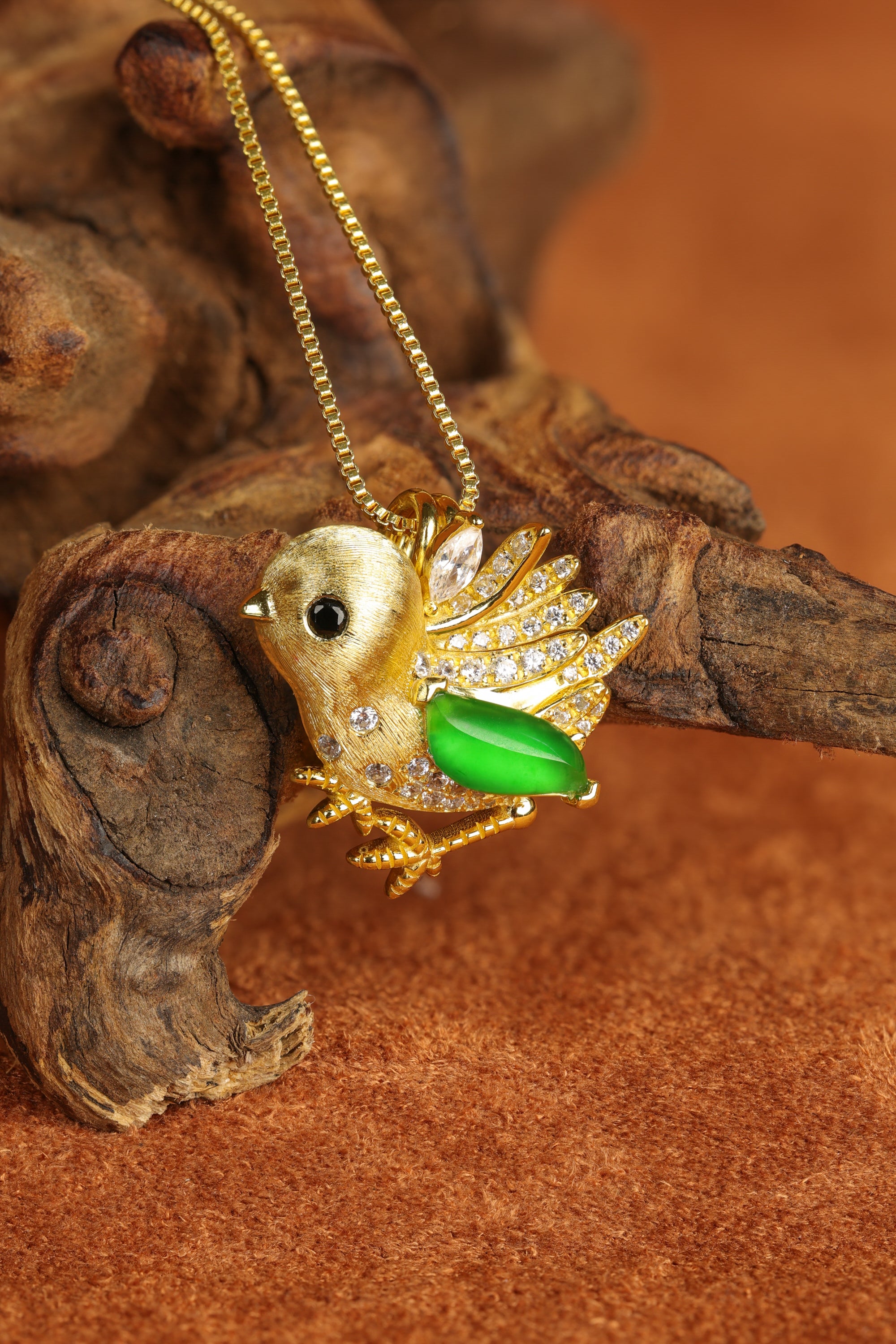 Green Jade Bird Pendant Necklace in Gold | Natural Jade Jewelry