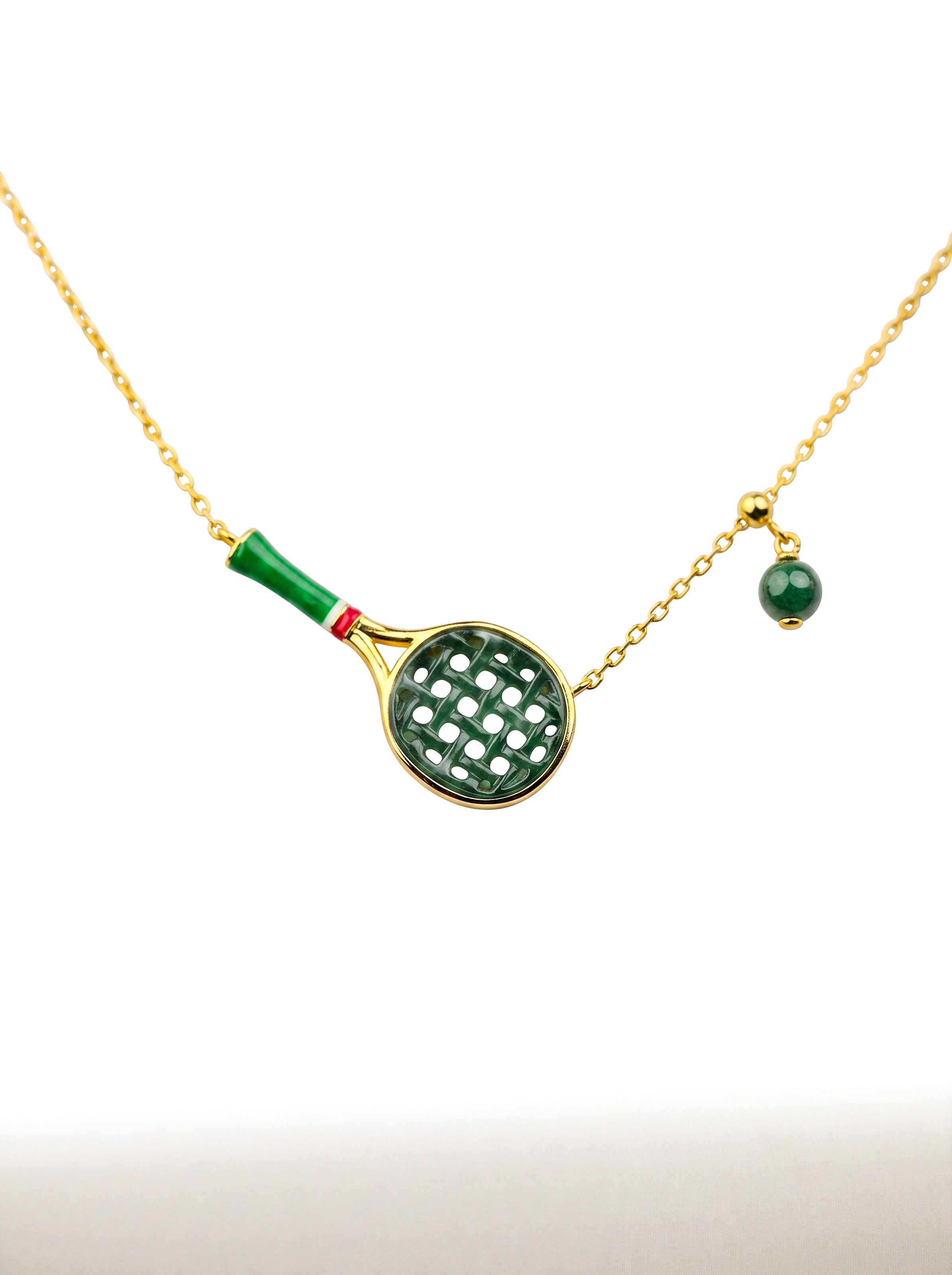 Natural green jadeite tennis racket necklace worn by a woman